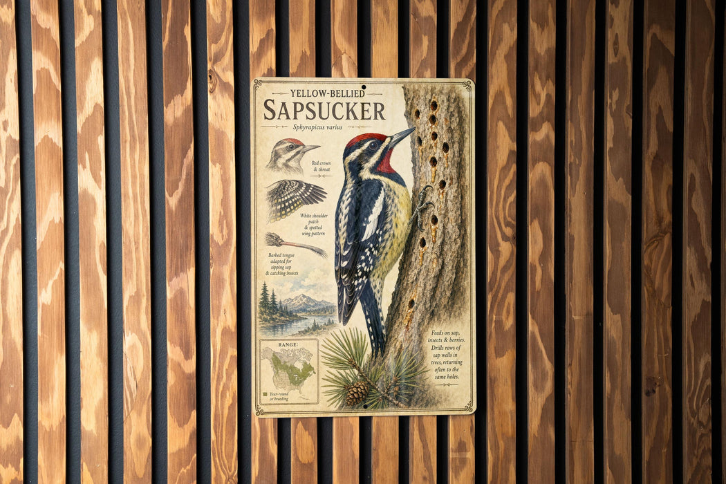 A metal plaque with an illustration of a yellow-bellied sapsucker perched on a tree trunk, surrounded by pine needles and a map of the region.