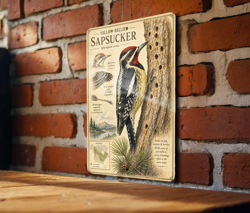 a vintage-style illustration of a yellow-bellied sapsucker, a type of woodpecker, perched on a tree trunk. The illustration includes detailed illustrations of the bird's distinctive features, such as its red crest, black and white stripes, and long, curved beak. The illustration is mounted on a brick wall, and there is a wooden table in the foreground.