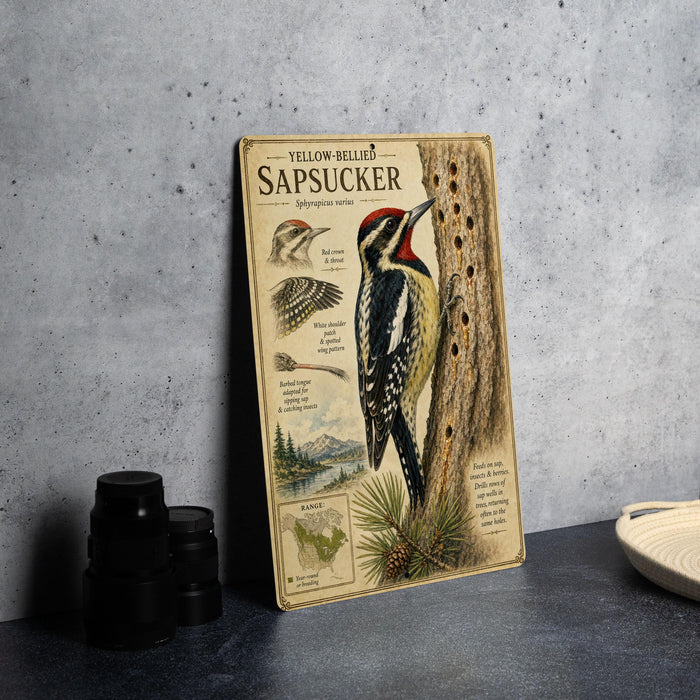 A metal poster titled "Yellow-bellied Sapsucker" is displayed on a table, featuring illustrations and information about the bird.