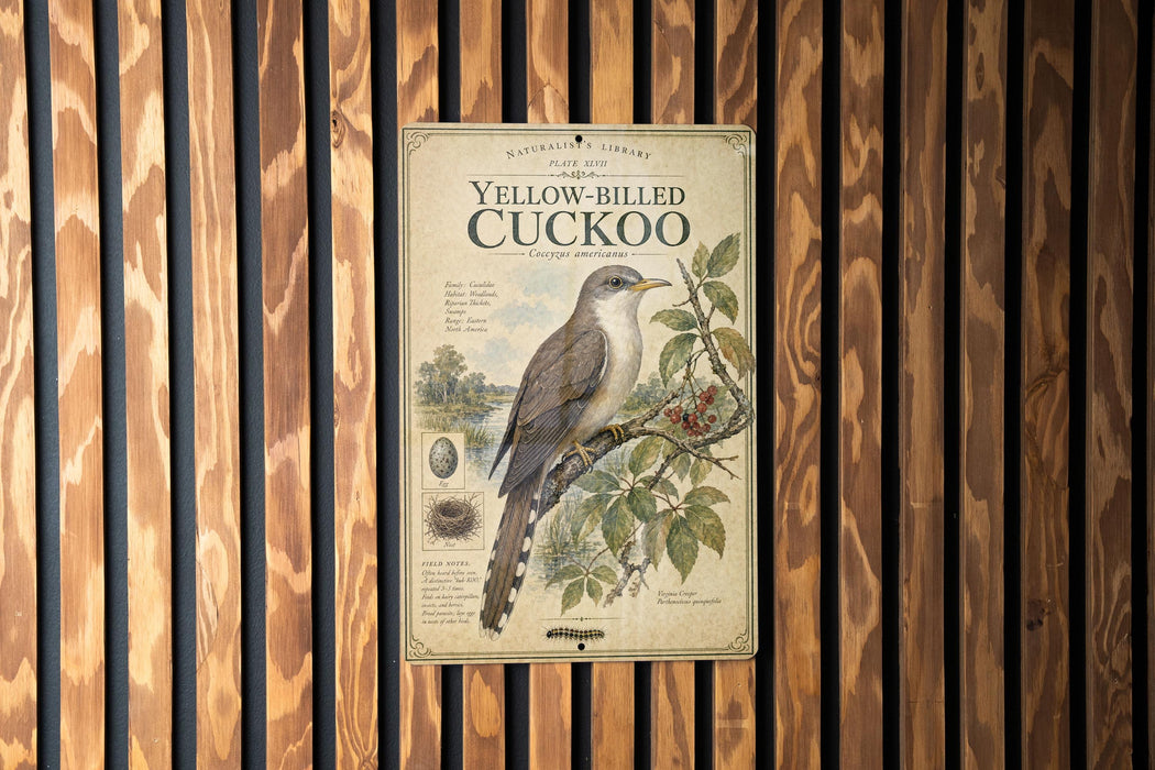 a poster of a yellow-billed cuckoo bird, which is a type of bird with a yellow-brown plumage and a black-and-white striped tail.