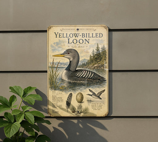 A metal sign with a detailed illustration of a yellow-billed loon, surrounded by text and images related to the bird.