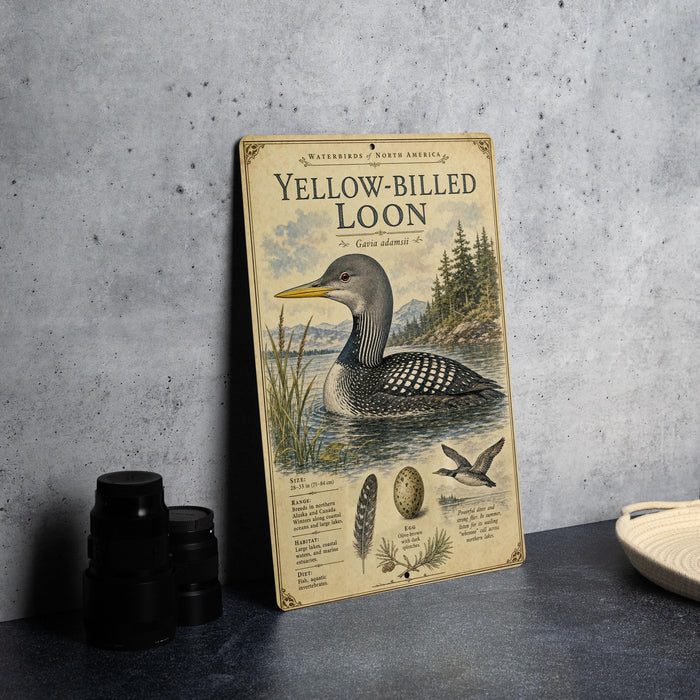 A vintage-style metal sign depicting a yellow-billed looon, with text and illustrations, is displayed on a gray countertop next to a stack of black camera lenses.