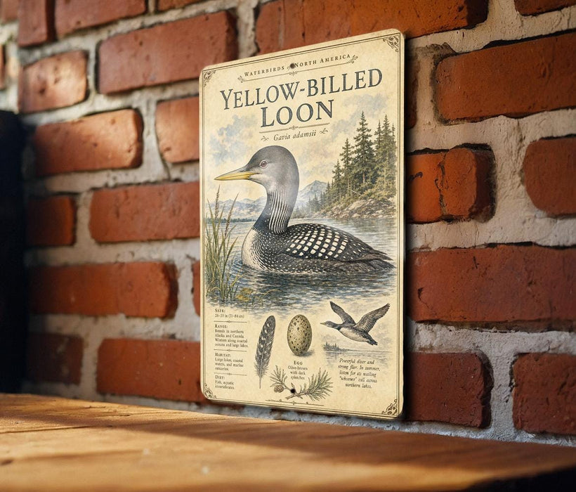 A vintage-style metal sign with illustrations and text, mounted on a brick wall.