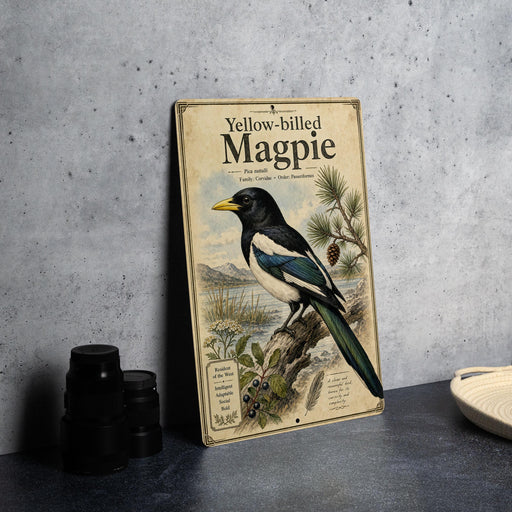 A vintage-style book or magazine cover titled "Yellow-billed Magpie" featuring an illustration of a black and white magpie perched on a branch with pine cones.