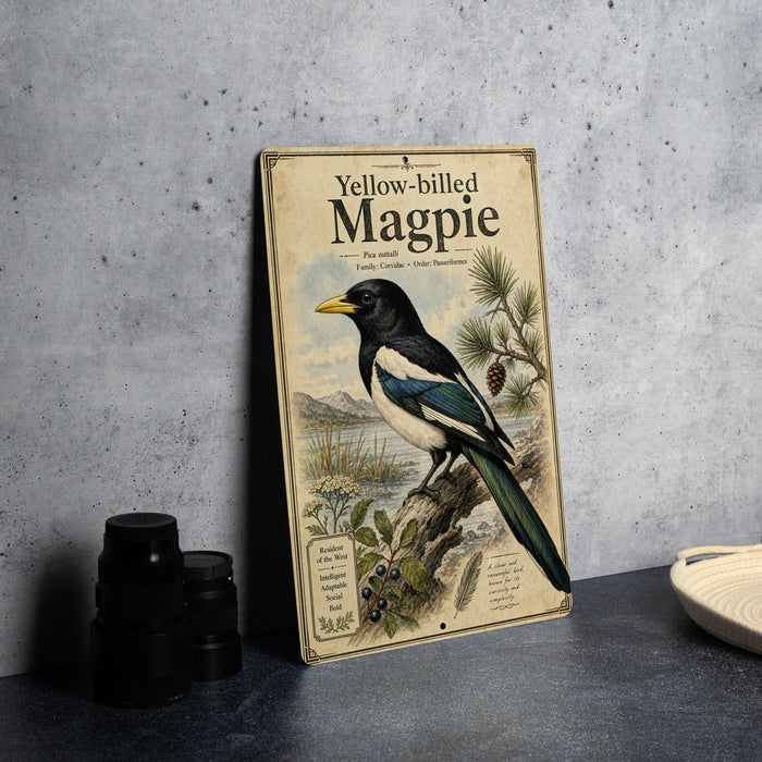 A vintage-style book or magazine cover titled "Yellow-billed Magpie" featuring an illustration of a black and white magpie perched on a branch with pine cones.