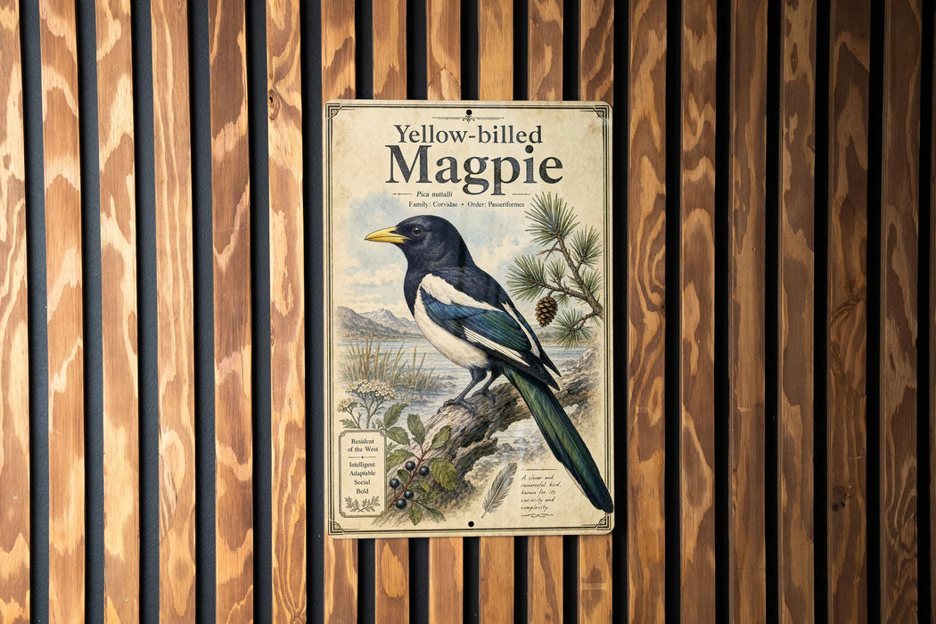 A vintage-style metal sign with a black and white illustration of a magpie perched on a branch, mounted on a wooden wall.