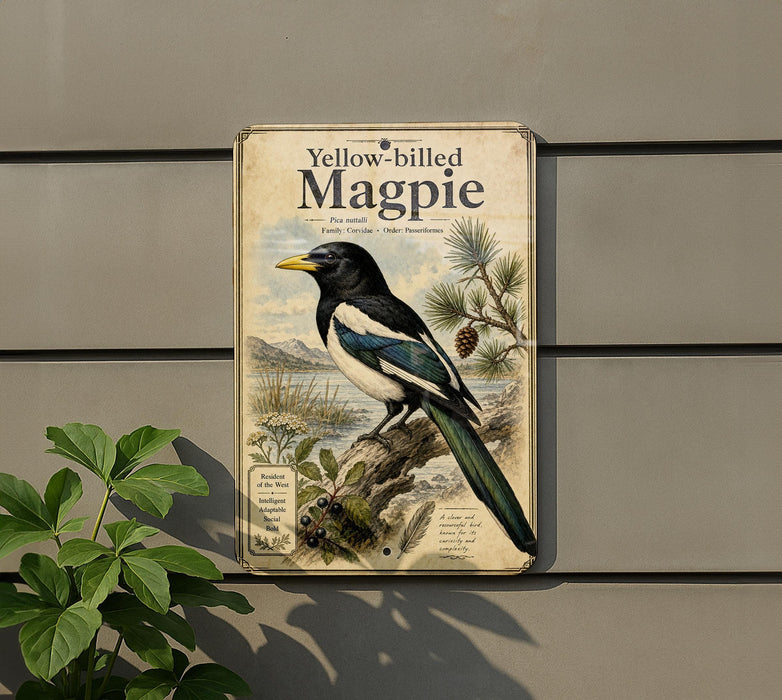 a vintage-style sign with a black and white illustration of a magpie perched on a branch, surrounded by various natural elements such as pine cones and leaves.