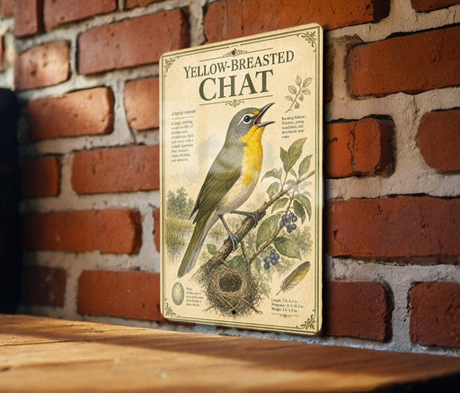 A vintage-style metal sign with a yellow-breasted chat bird illustration is mounted on a brick wall.