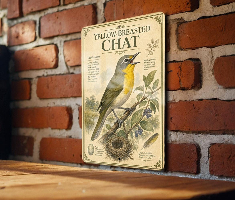 A vintage-style metal sign with a yellow-breasted chat bird illustration is mounted on a brick wall.
