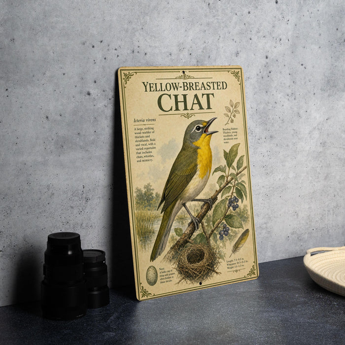 A vintage-style illustration of a yellow-breasted chat bird, with a detailed illustration of the bird, its nest, and surrounding foliage.