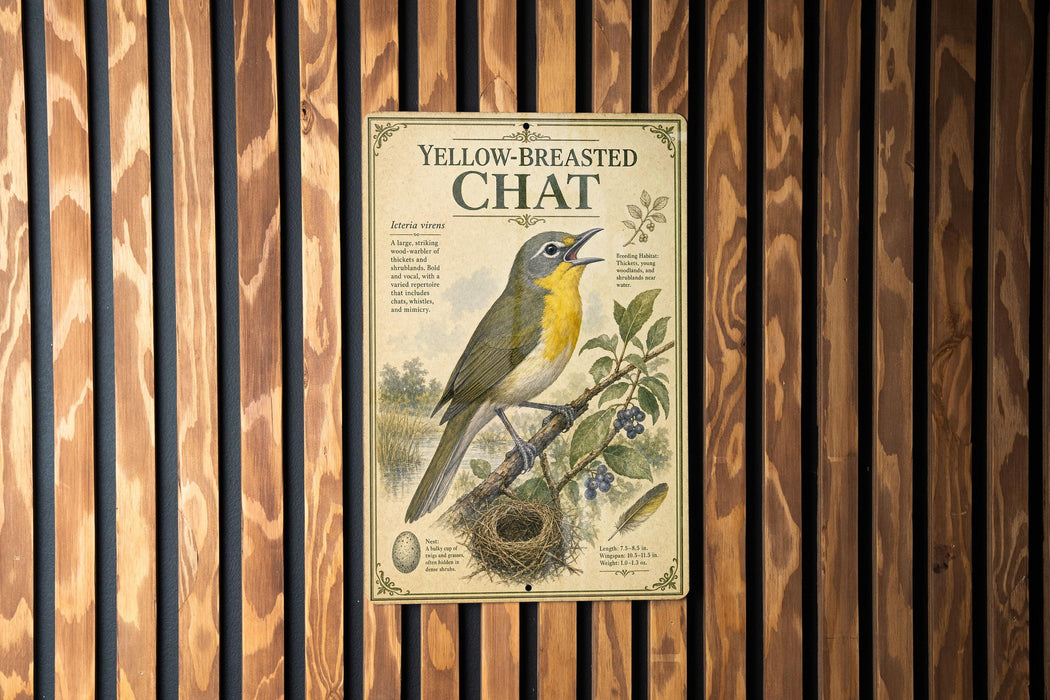 A vintage-style metal sign with a yellow-breasted chat bird illustration is mounted on a wooden wall.