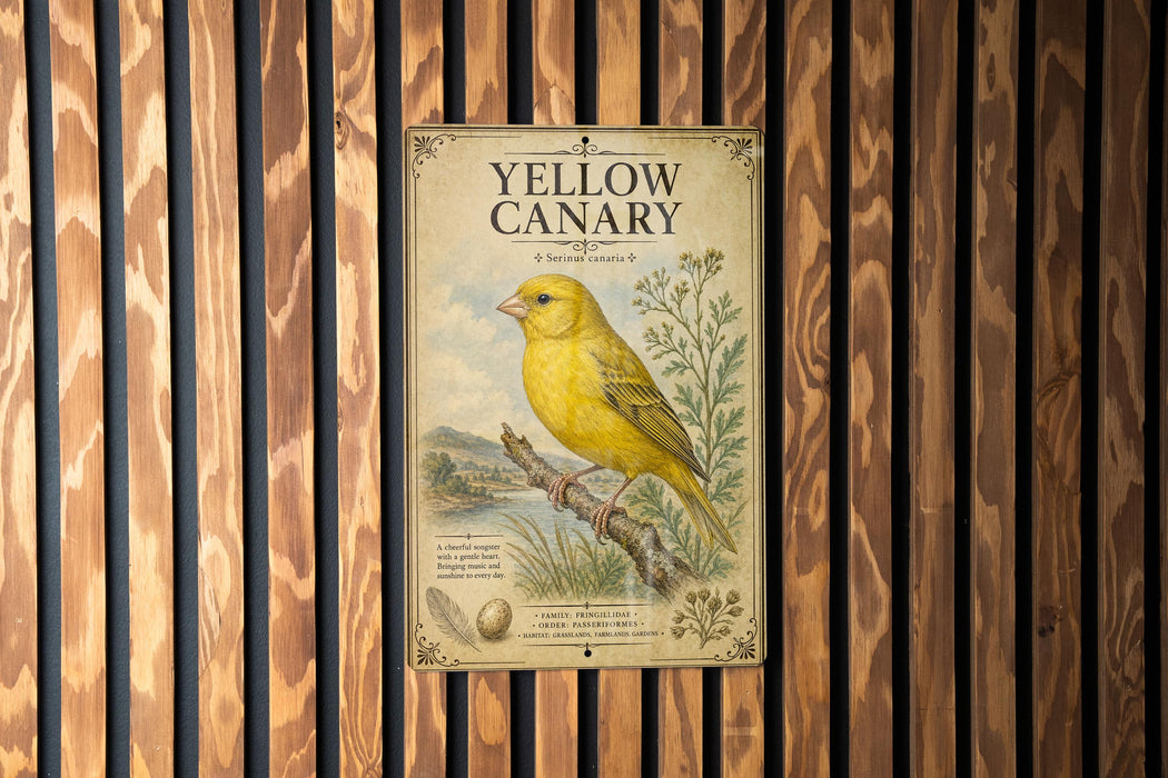 A vintage-style poster of a yellow canary is displayed on a wooden wall, featuring an illustration of the bird perched on a branch.