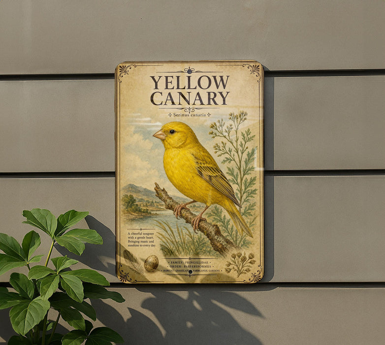 A vintage-style metal plaque with a yellow canary illustration is mounted on a gray wall, with a green plant to the left.