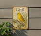A vintage-style metal plaque with a yellow canary illustration is mounted on a gray wall, with a green plant to the left.