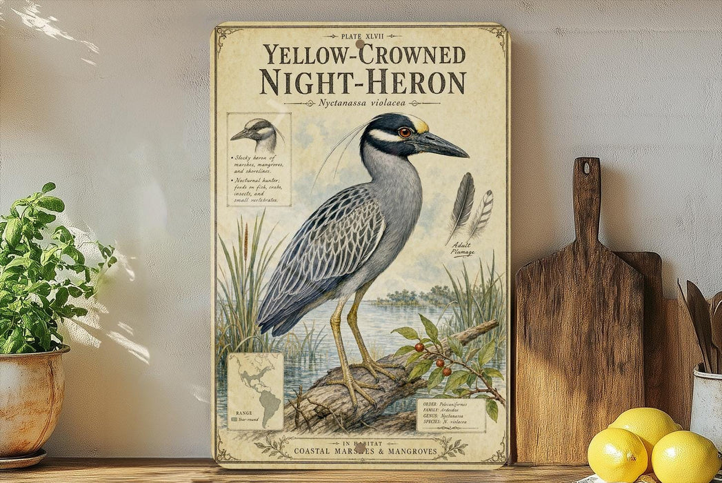 A vintage-style illustration of a yellow-crowned night-heron, a coastal bird species, is displayed on a shelf next to a wooden cutting board and a potted plant.