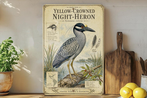 A vintage-style illustration of a yellow-crowned night-heron, a coastal bird species, is displayed on a shelf next to a wooden cutting board and a potted plant.