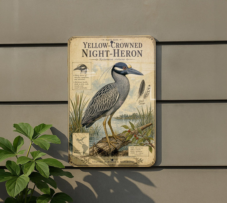a vintage-style metal sign with a detailed illustration of a yellow-crowned night-heron, mounted on a wall.
