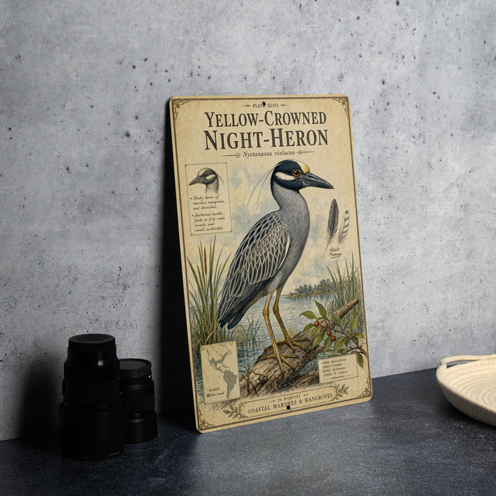 A vintage-style illustration of a yellow-crowned night-heron, with a detailed illustration of the bird's features and habitat.