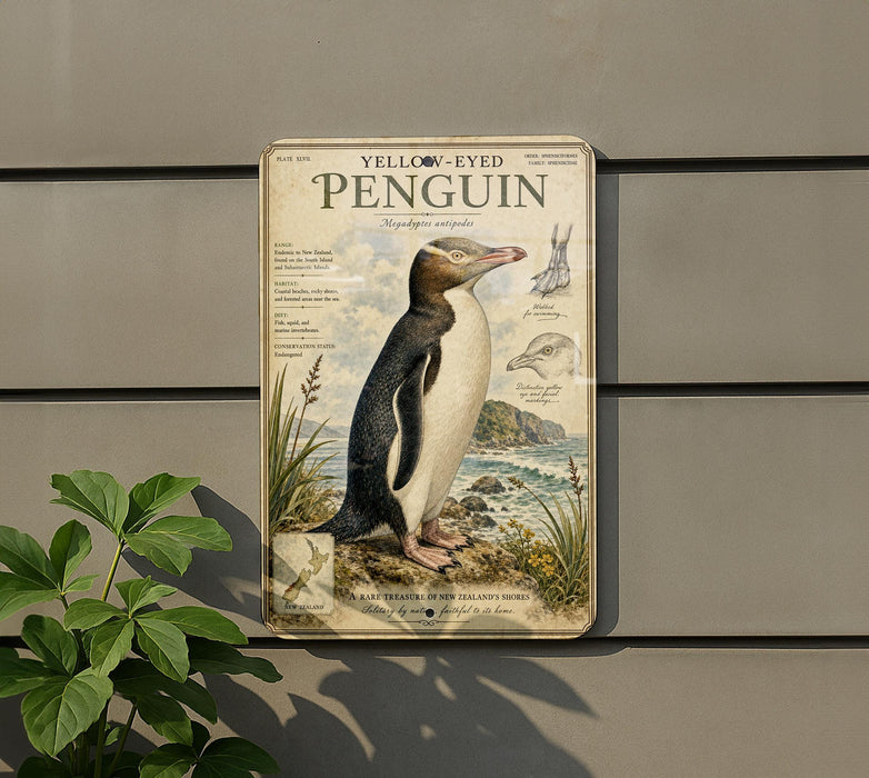 A vintage-style illustration of a penguin is displayed on a wall, accompanied by text and a plant in the foreground.