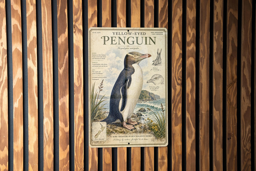 A vintage-style illustration of a yellow-eyed penguin is displayed on a wooden wall, accompanied by text that provides information about the species.