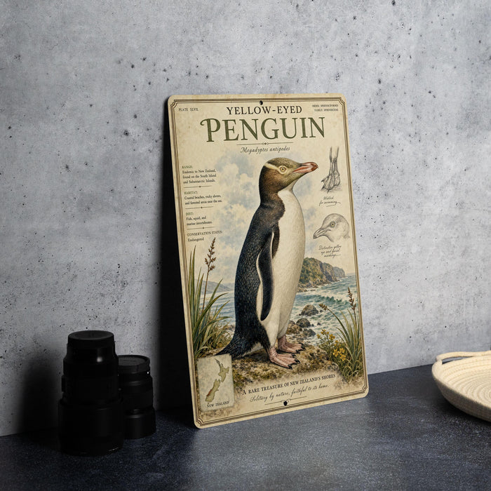A vintage-style poster of a yellow-eyed penguin is displayed on a wall, accompanied by a stack of black camera lenses and a woven basket.