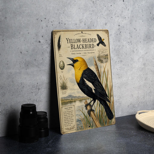 a vintage-style metal plate with an illustration of a yellow-headed blackbird, surrounded by various natural elements such as grass, plants, and a bird feeder.