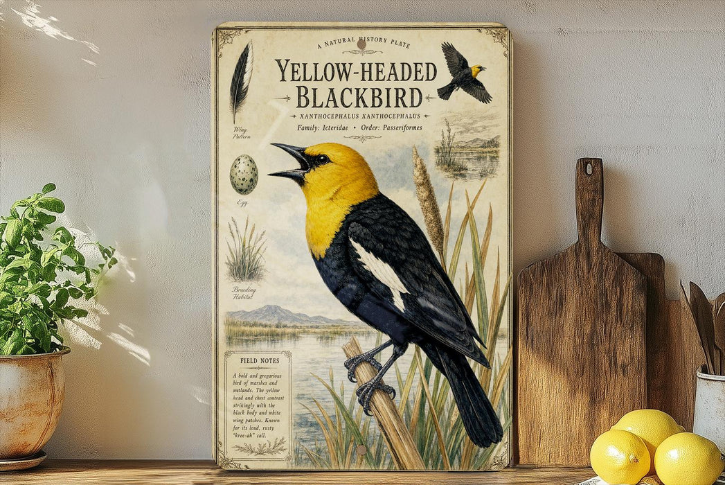 A vintage-style poster of a yellow-headed blackbird is displayed on a shelf, accompanied by a potted plant, a wooden cutting board, and some lemons.