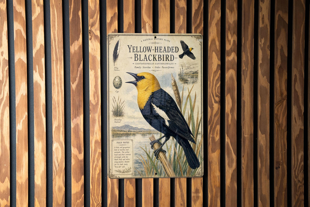 A vintage-style metal plaque with an illustration of a yellow-headed blackbird, mounted on a wooden wall.