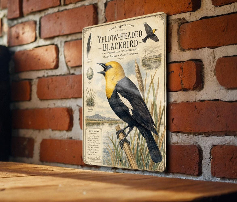 A vintage-style metal sign featuring an illustration of a yellow-headed blackbird perched on a branch, with text describing the bird and its natural habitat.