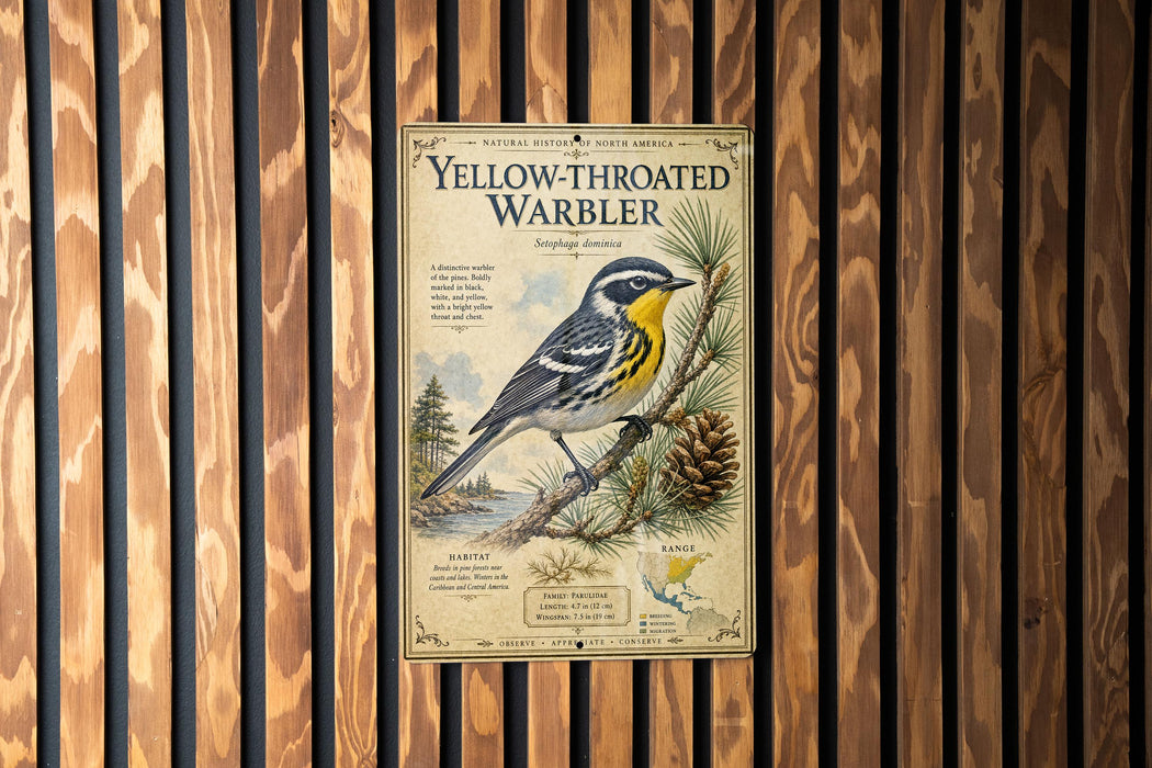 A poster of a yellow-throated warbler, a bird species native to North America, is displayed on a wooden wall.