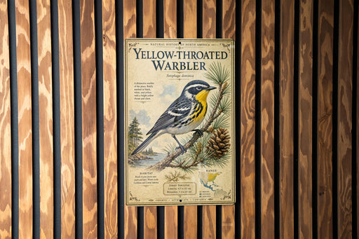 A poster of a yellow-throated warbler, a bird species native to North America, is displayed on a wooden wall.
