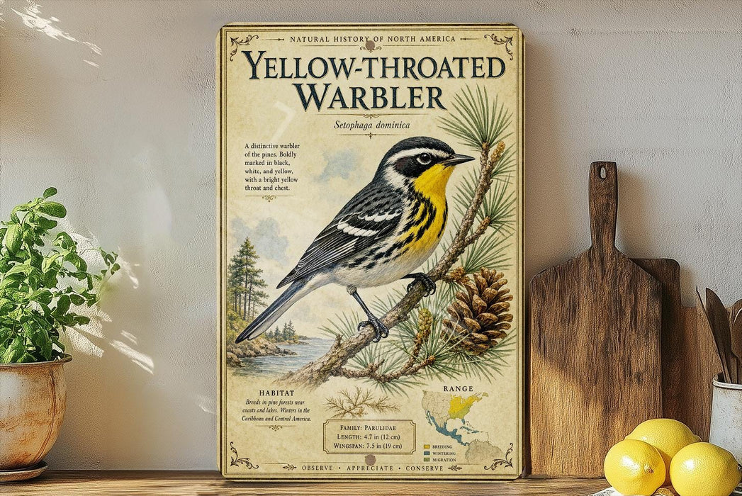 A vintage-style poster of a yellow-throated warbler, a bird species native to North America, is displayed on a shelf next to a wooden cutting board and a potted plant.