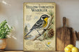 A vintage-style poster of a yellow-throated warbler, a bird species native to North America, is displayed on a shelf next to a wooden cutting board and a potted plant.