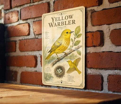A vintage-style metal sign with illustrations and text about a yellow warbler, mounted on a brick wall.