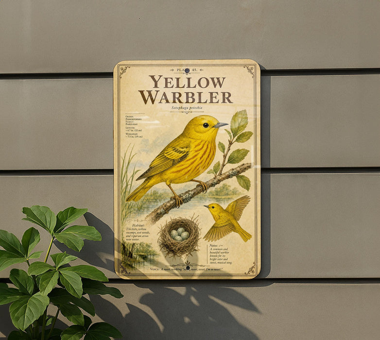 a vintage-style metal sign with illustrations of yellow warblers, including a bird perched on a branch and a nest with eggs.
