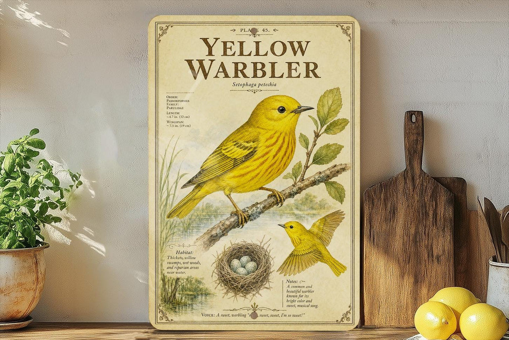 A vintage-style poster of a yellow warbler bird is displayed on a shelf, accompanied by a wooden cutting board and a potted plant.