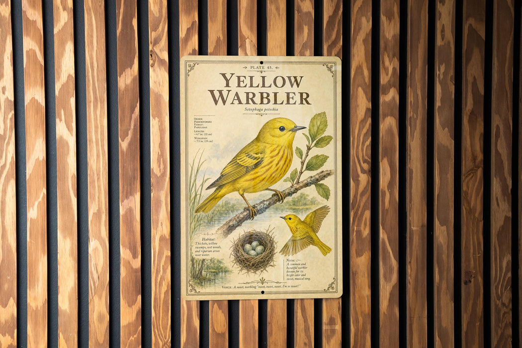 A vintage-style metal sign with illustrations and text, mounted on a wooden wall.