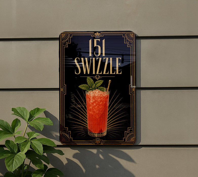 a sign for a cocktail called "151 Swzzle" with a picture of a red drink and a green leaf garnish.