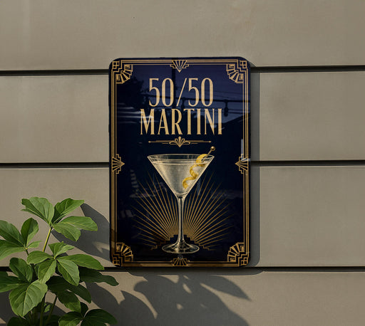 A sign for a 50/50 martini cocktail is displayed on a wall, with a plant visible to the left.