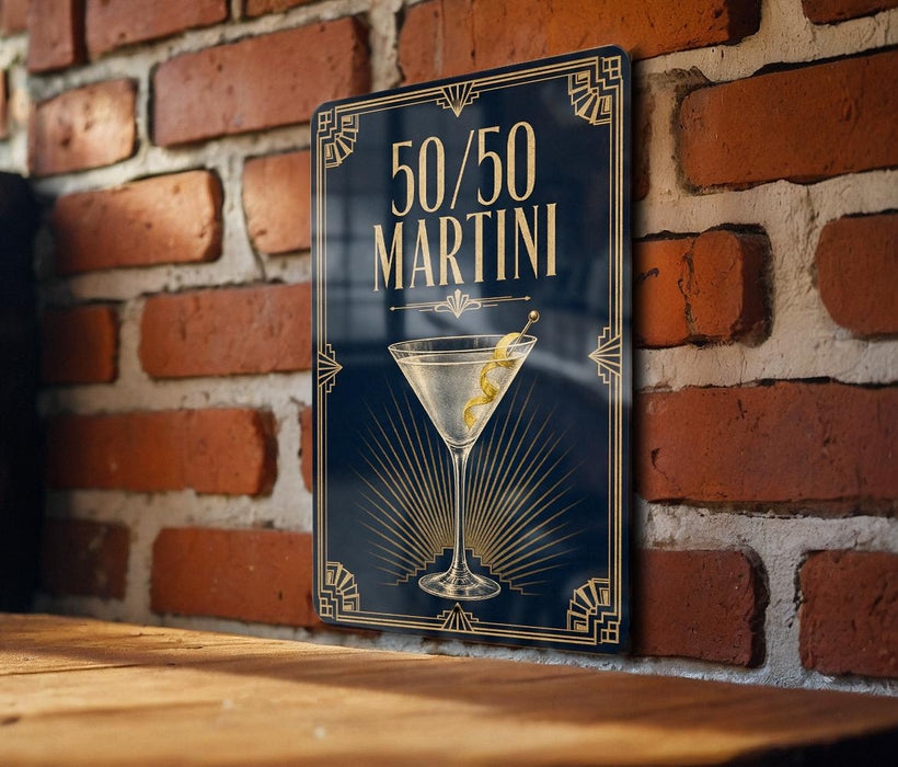 A sign with the text "50/50 Martini" and an illustration of a martini glass on a brick wall.
