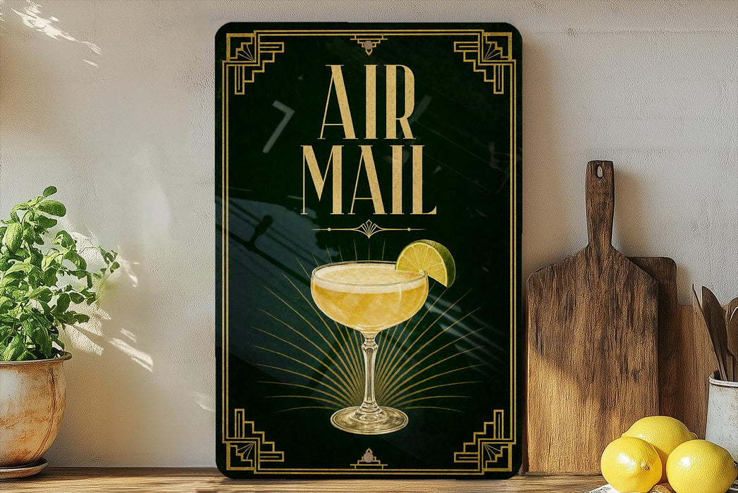 a decorative sign with the text "AIR MAIL" and an illustration of a cocktail glass with a lime slice.
