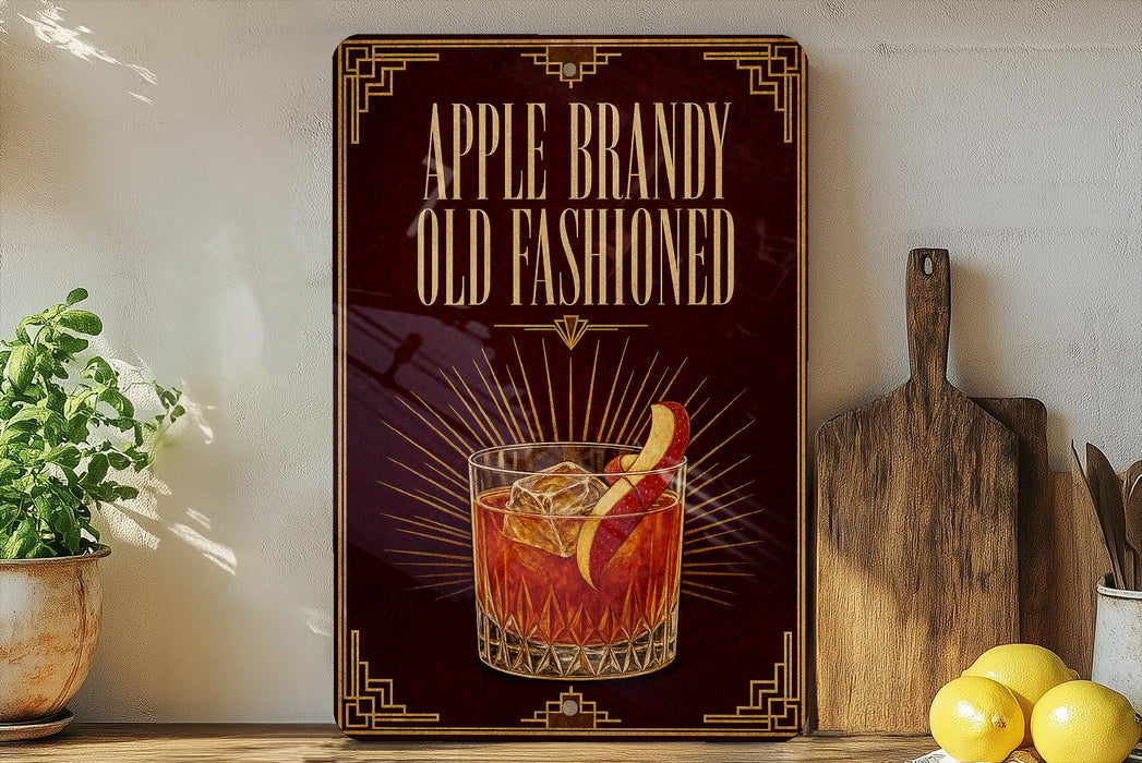a decorative sign with the text "APPLE BRANDY OLD FASHIONED" and an illustration of a glass of amber-colored liquid with a slice of apple on the rim.