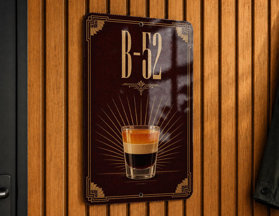A sign with the number "B-52" and an illustration of a layered coffee drink on a wooden wall.