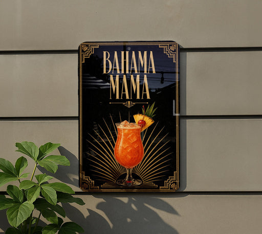 A sign for "BAHAMA MAMA" is displayed on a wall, featuring an illustration of a tropical drink with a pineapple slice.