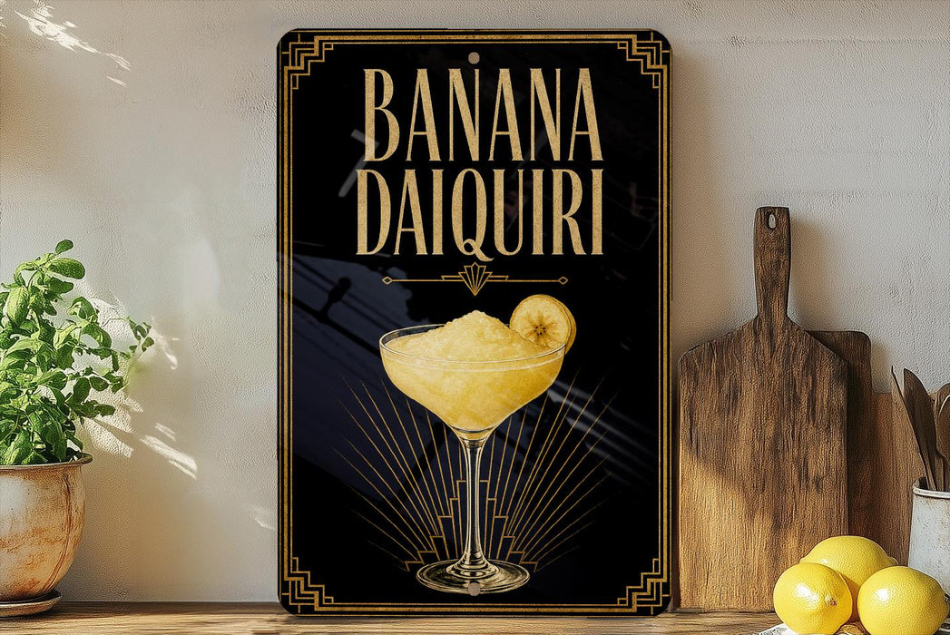 A decorative sign for a banana daiquiri cocktail, featuring an illustration of a glass filled with the drink and a lemon slice.