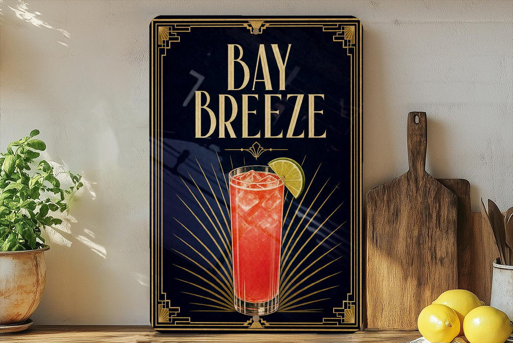 a framed poster advertising a drink called "Bay Breeze" with a glass illustration of a red drink and a lemon slice.