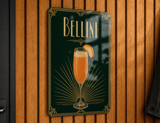 A sign for Bellini cocktail hanging on a wooden wall.