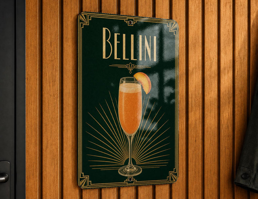 A sign for Bellini cocktail hanging on a wooden wall.