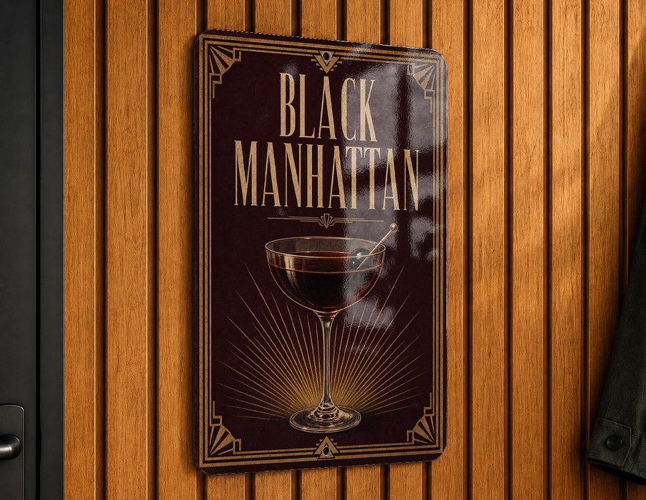 A sign that reads "Black Manhattan" with an illustration of a martini glass.