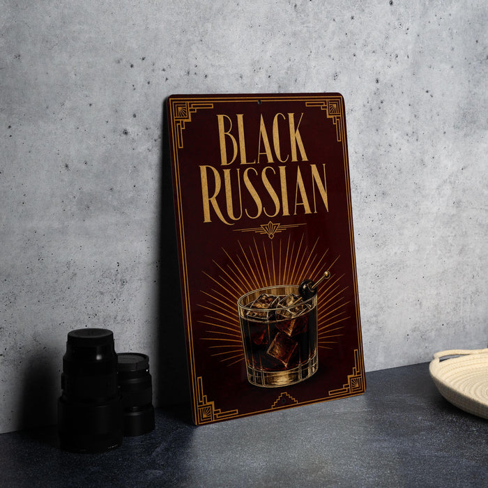 a poster or sign with the title "Black Russian" and an illustration of a glass of Russian cocktail.